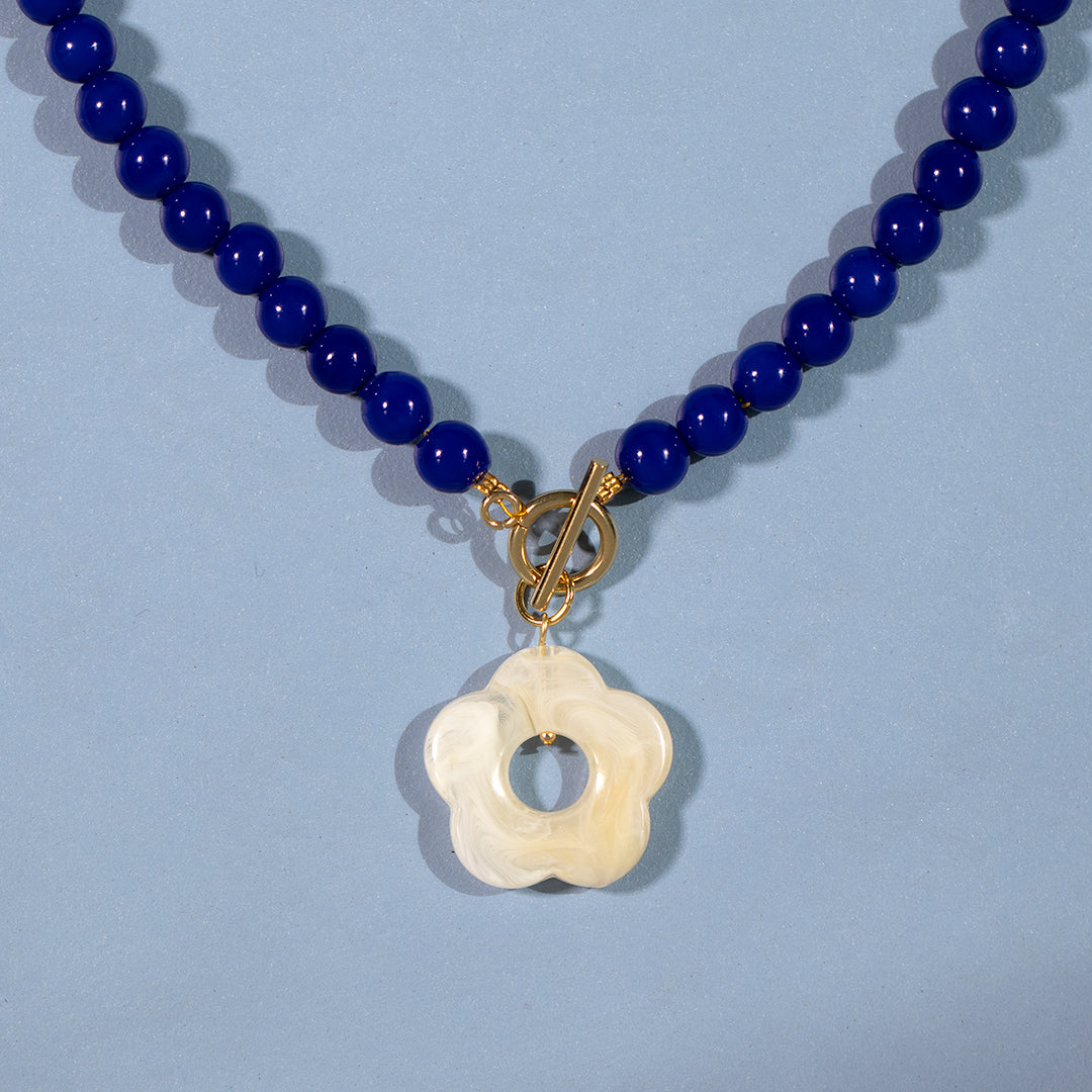 Navy Blue Bead and White Flower Toggle Necklace