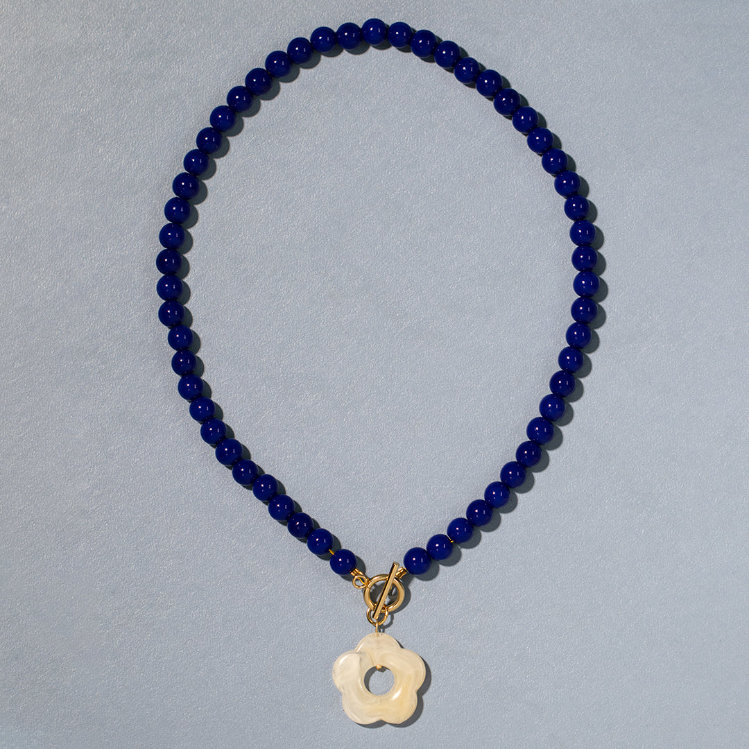 Navy Blue Bead and White Flower Toggle Necklace