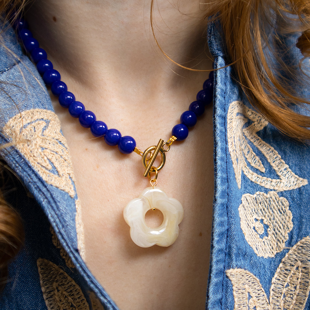 Navy Blue Bead and White Flower Toggle Necklace