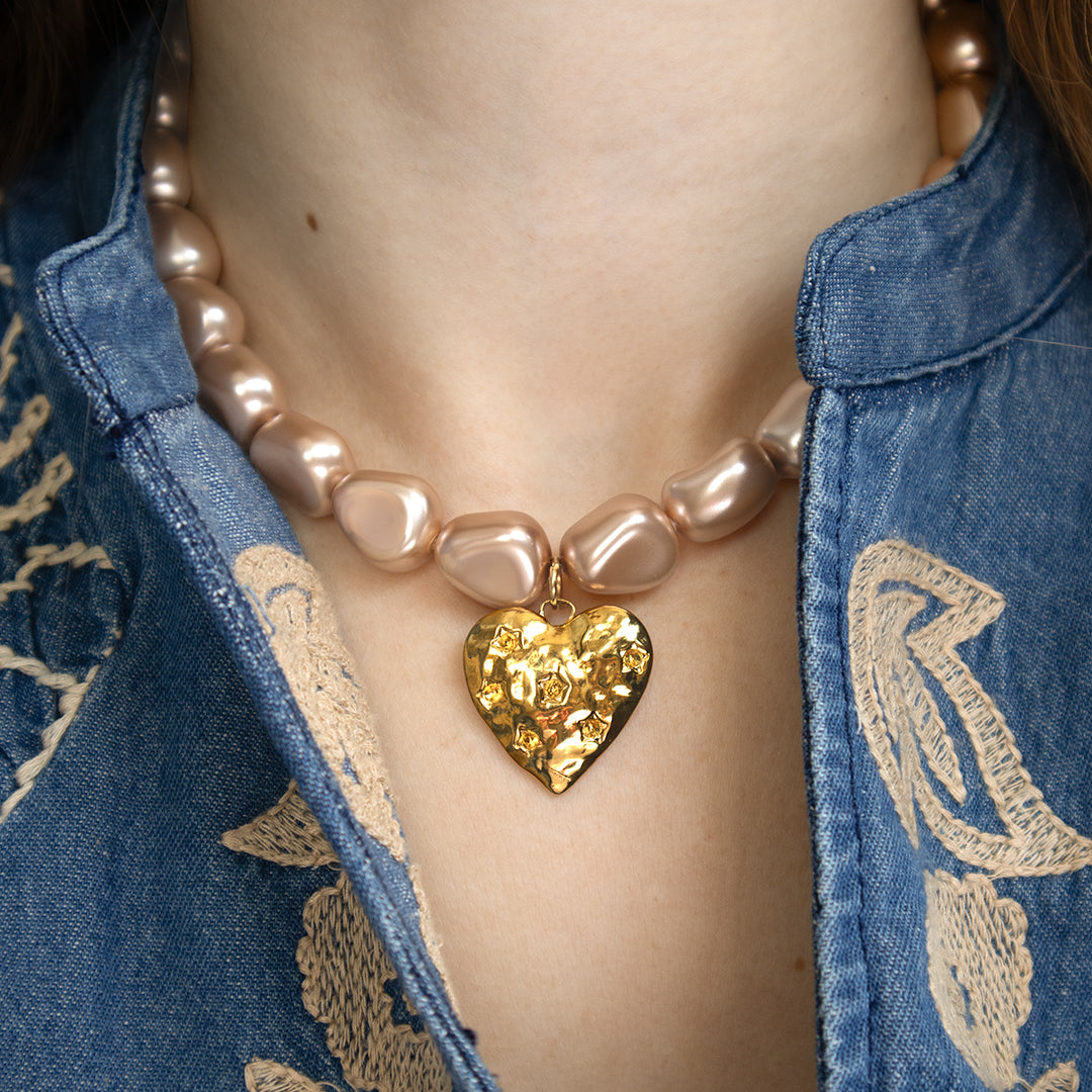 Molten Pearl Necklace with Heart Charm