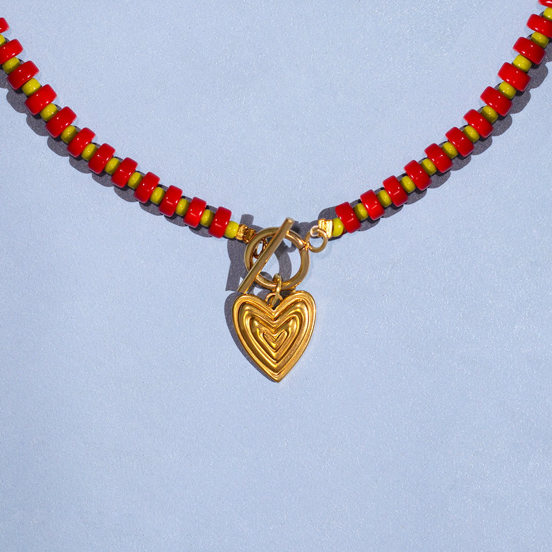 Red and Green Gingham Ridged Heart Necklace