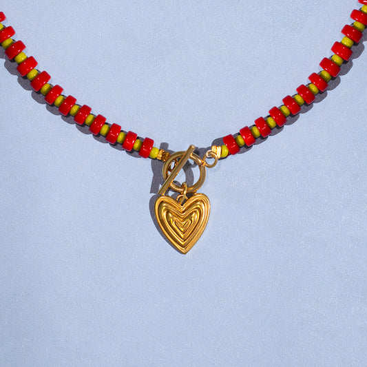 Red and Green Gingham Ridged Heart Necklace