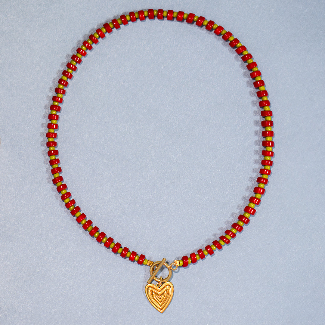Red and Green Gingham Ridged Heart Necklace