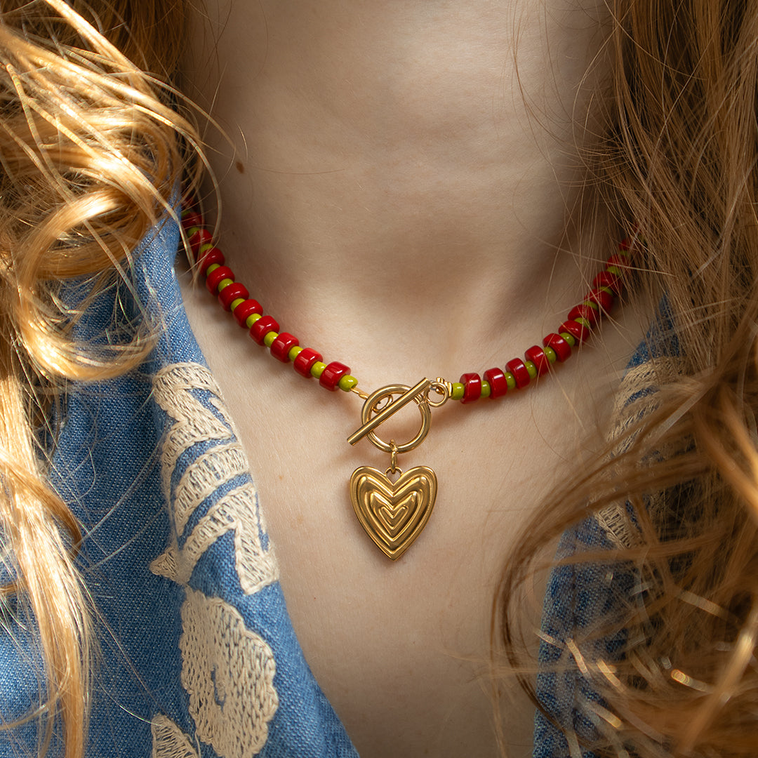 Red and Green Gingham Ridged Heart Necklace