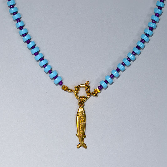 Blue Gingham Gold Fish Charm Necklace