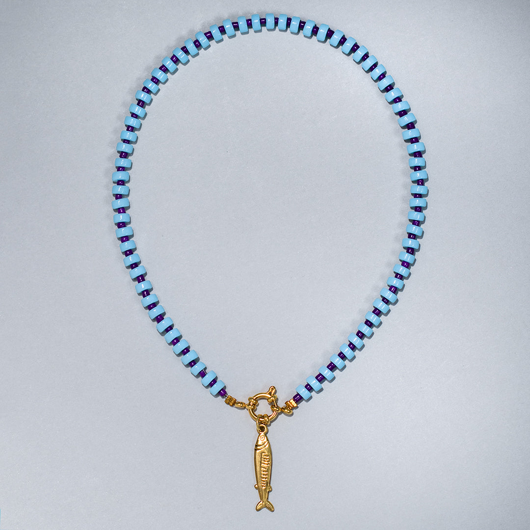Blue Gingham Gold Fish Charm Necklace