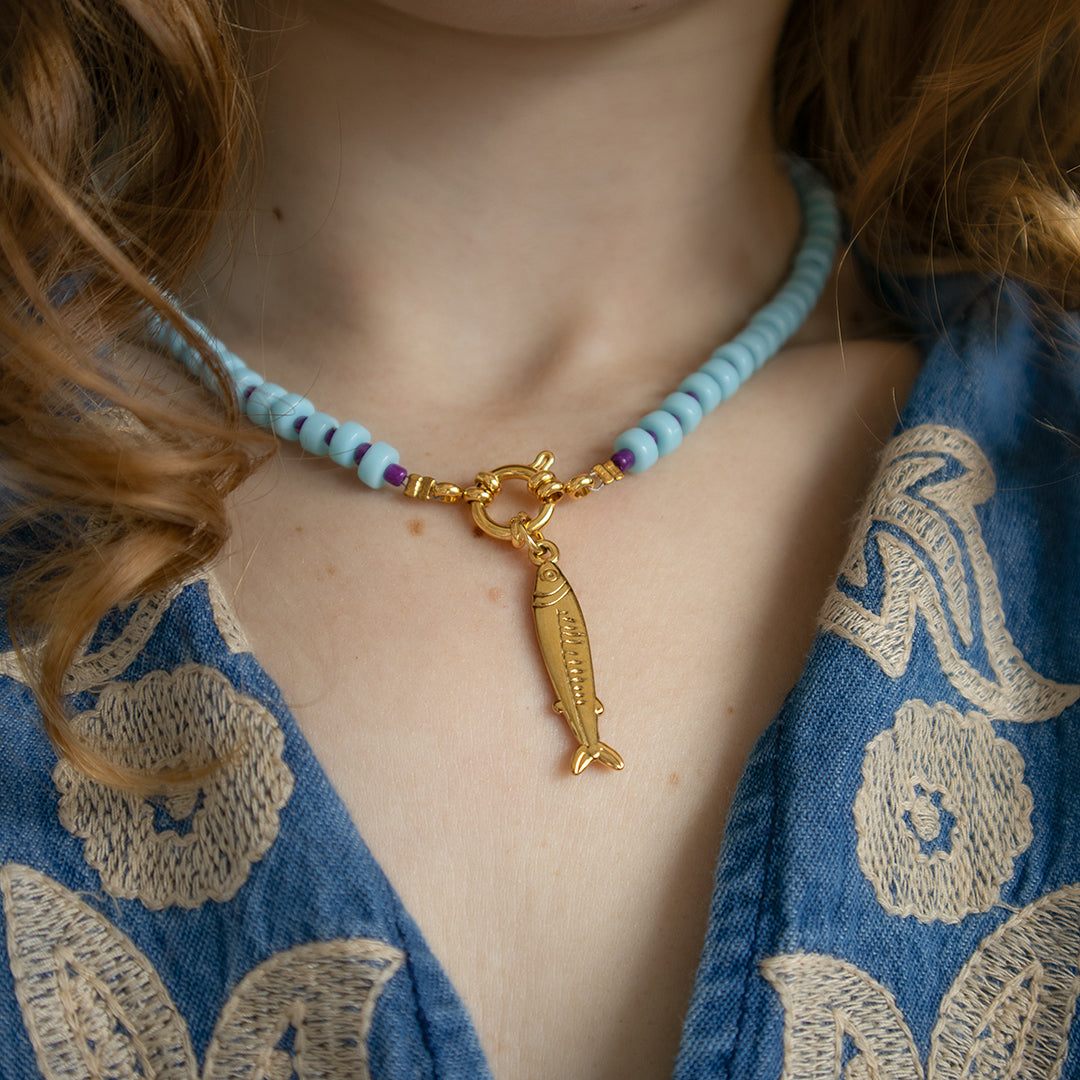 Blue Gingham Gold Fish Charm Necklace