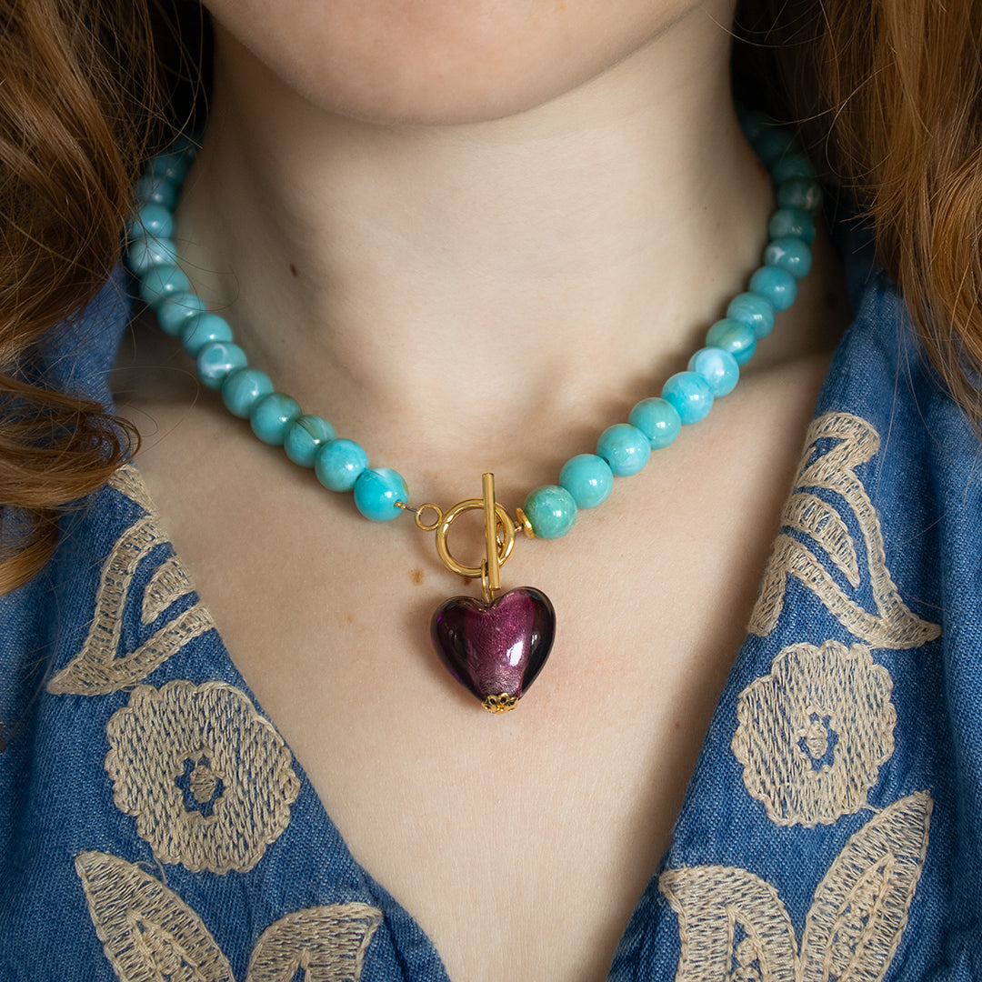 Turquoise Bead and Purple Heart Necklace