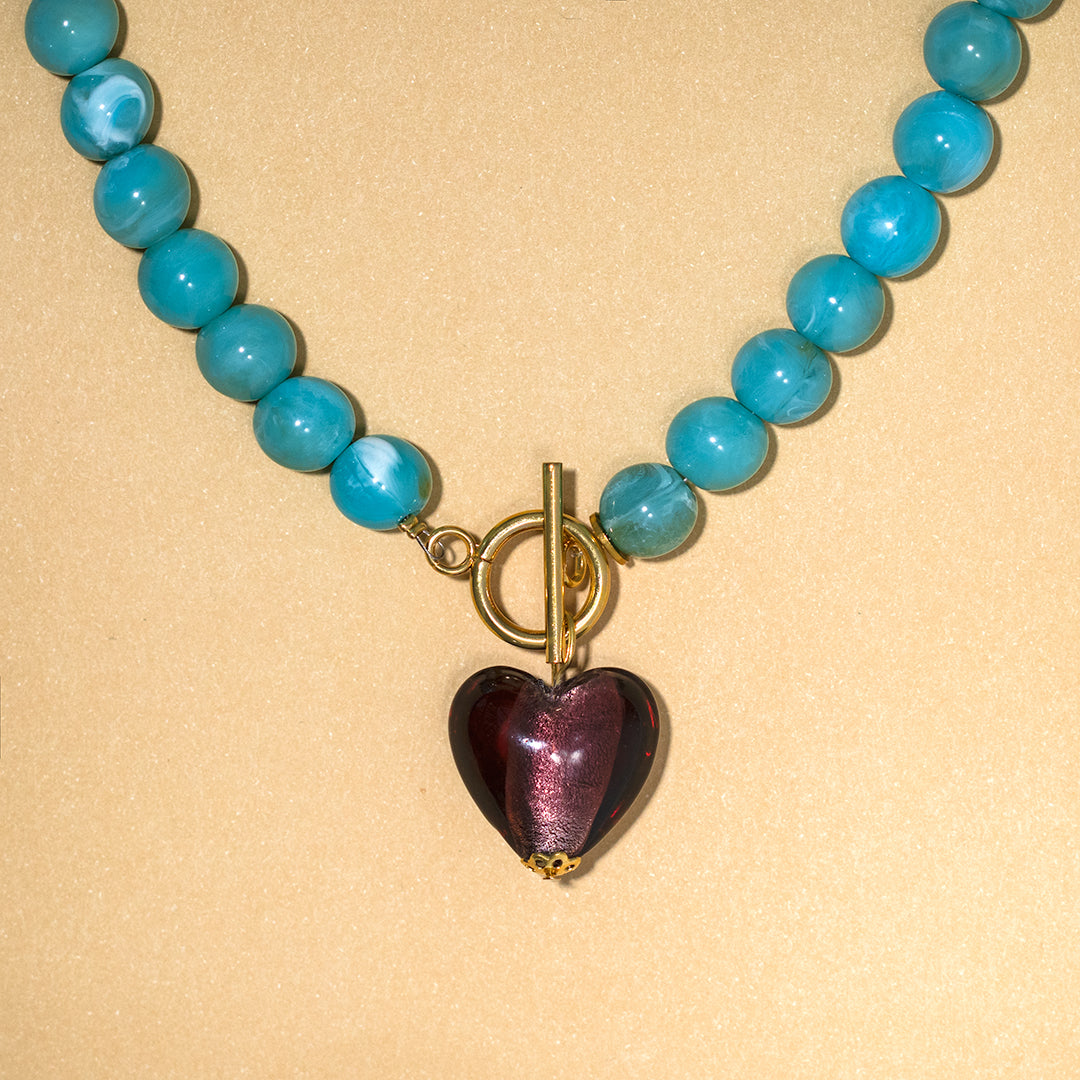 Turquoise Bead and Purple Heart Necklace