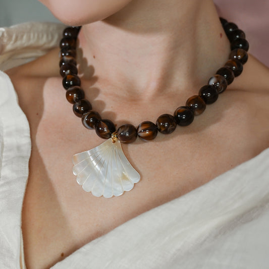 Chunky Chocolate Bead and Scallop Shell Necklace