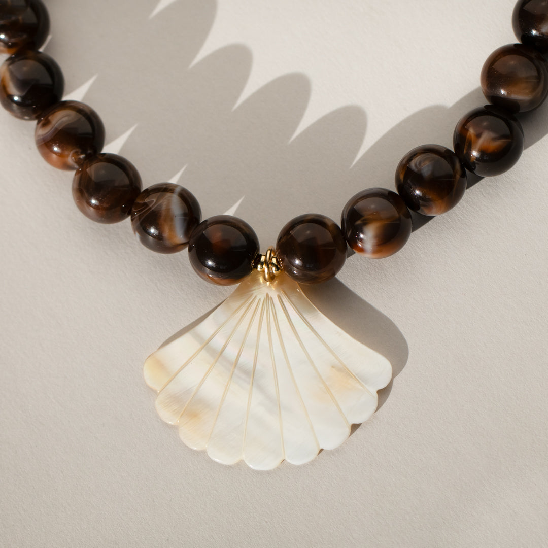 Chunky Chocolate Bead and Scallop Shell Necklace