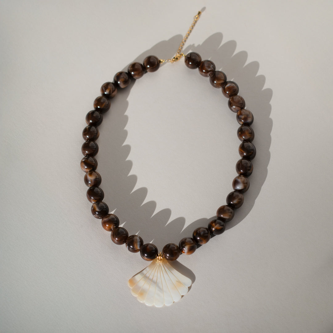Chunky Chocolate Bead and Scallop Shell Necklace