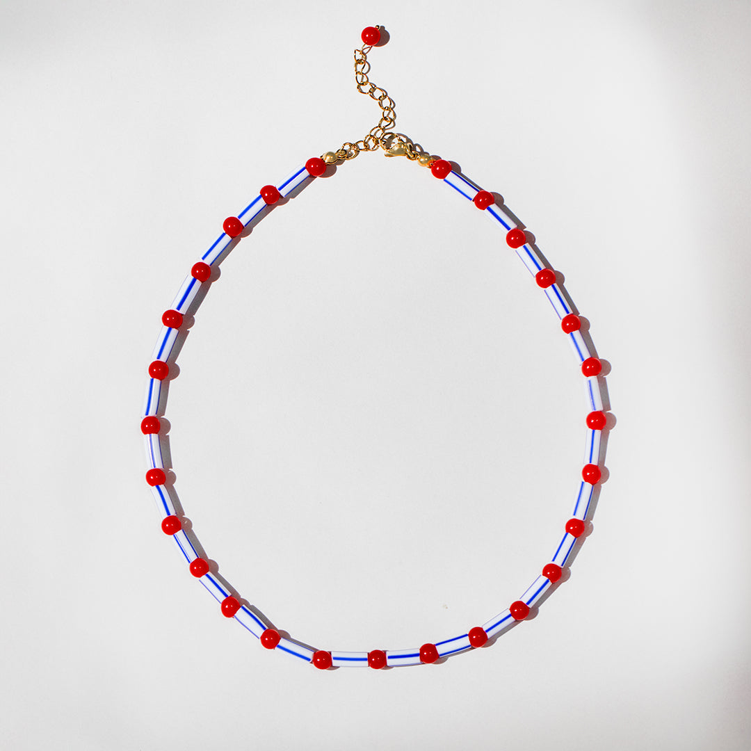Candy Stripe Blue and Red Bead Necklace