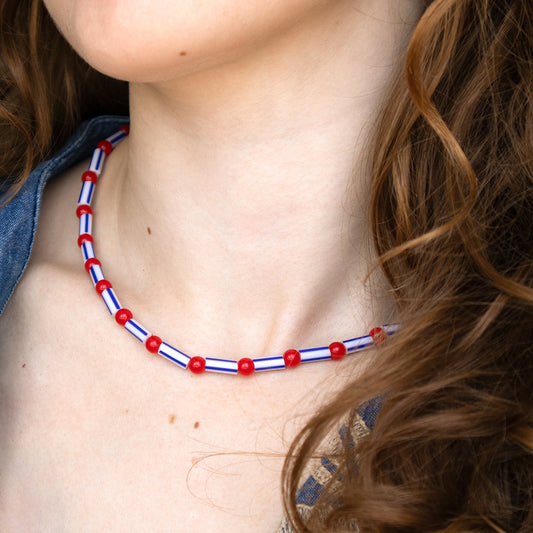 Candy Stripe Blue and Red Bead Necklace