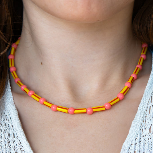 Candy Stripe Yellow  and Pink Bead Necklace
