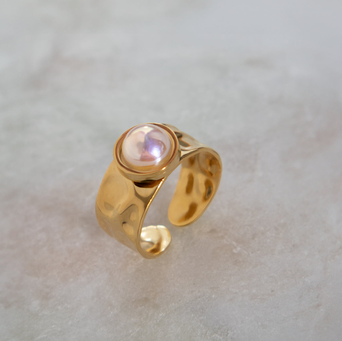 Molten Hammered Open Ring with Iridescent Pearl