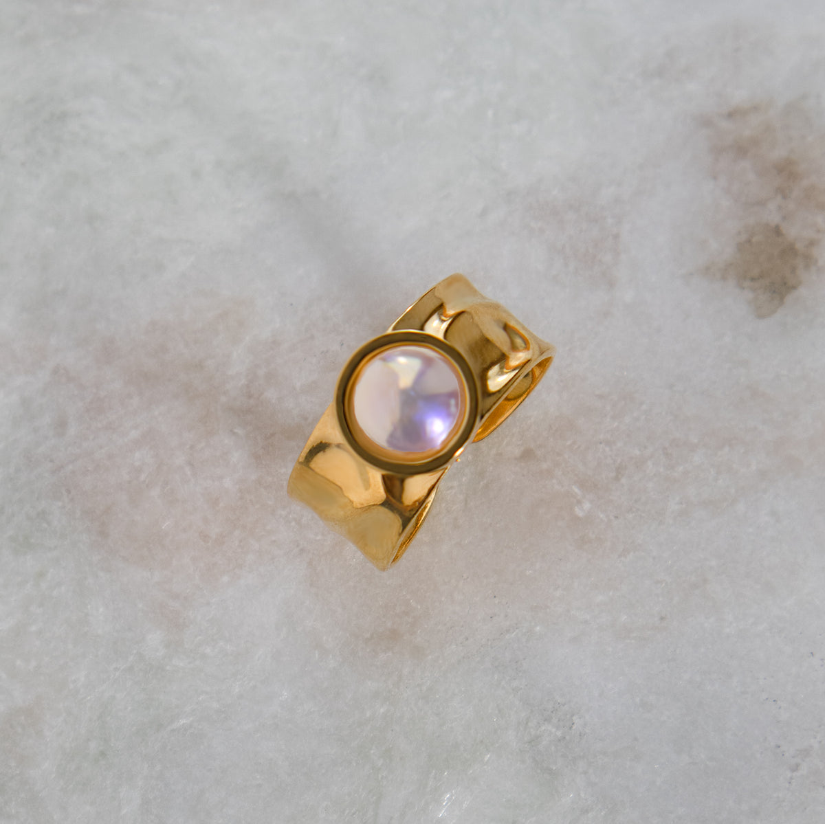 Molten Hammered Open Ring with Iridescent Pearl