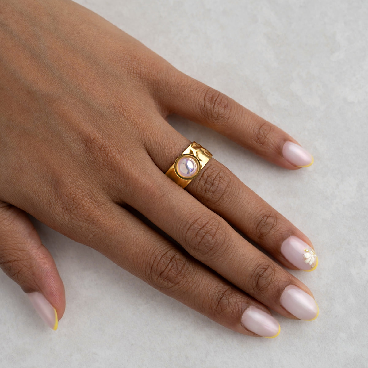 Molten Hammered Open Ring with Iridescent Pearl