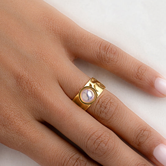 Molten Hammered Open Ring with Iridescent Pearl