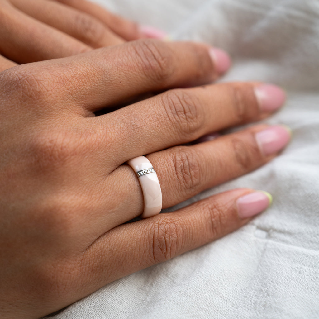 Pink Or White Ceramic Band Ring With Cubic Zirconia