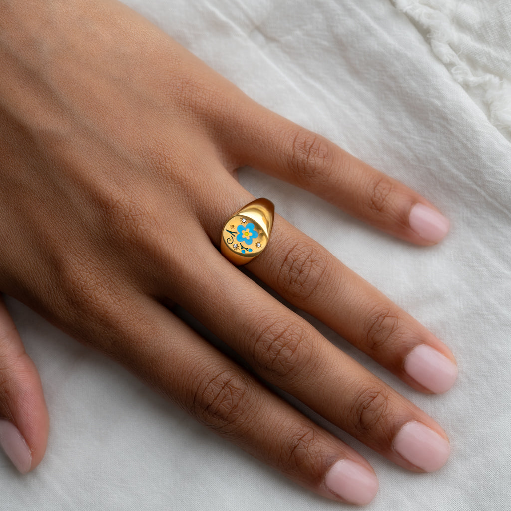 Blue Flower Gold Signet Open Ring Non Tarnish