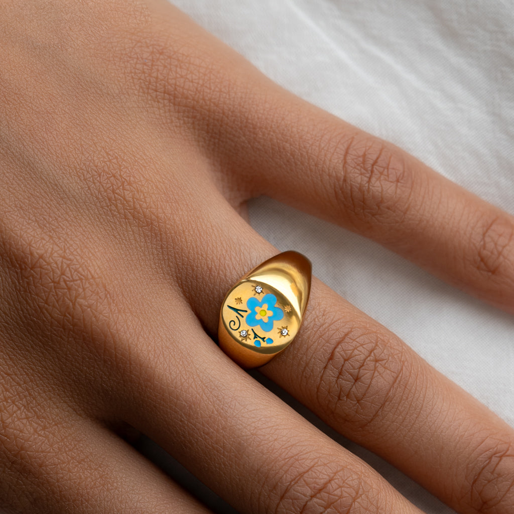 Blue Flower Gold Signet Open Ring Non Tarnish