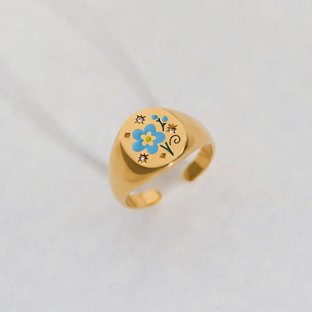 Blue Flower Gold Signet Open Ring Non Tarnish