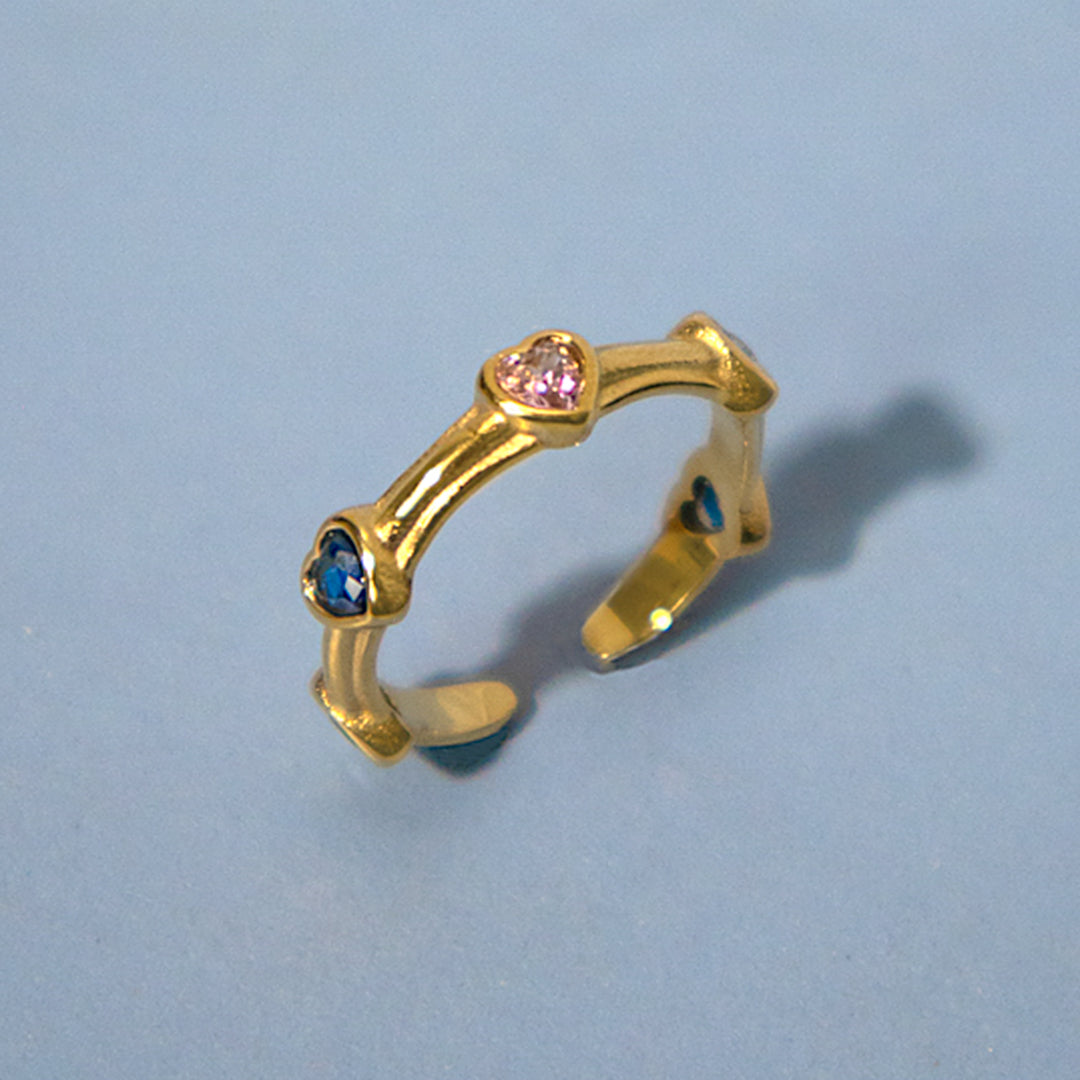 Colourful Hearts Waterproof Gold Open Ring