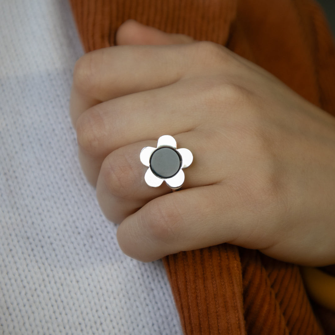 Sterling Silver Flower Onyx Open Ring