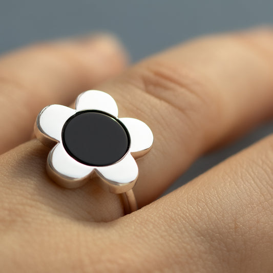 Sterling Silver Flower Onyx Open Ring