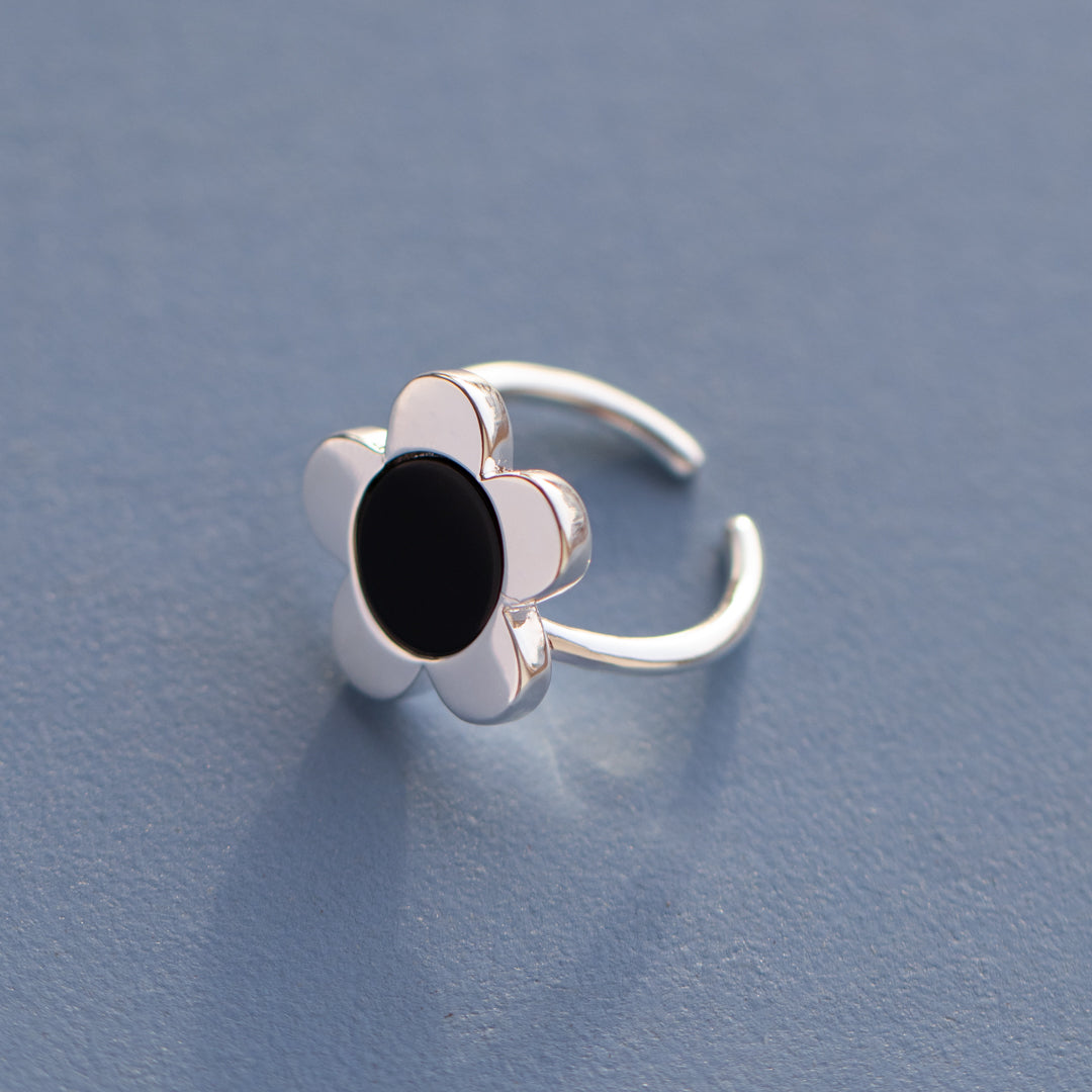 Sterling Silver Flower Onyx Open Ring